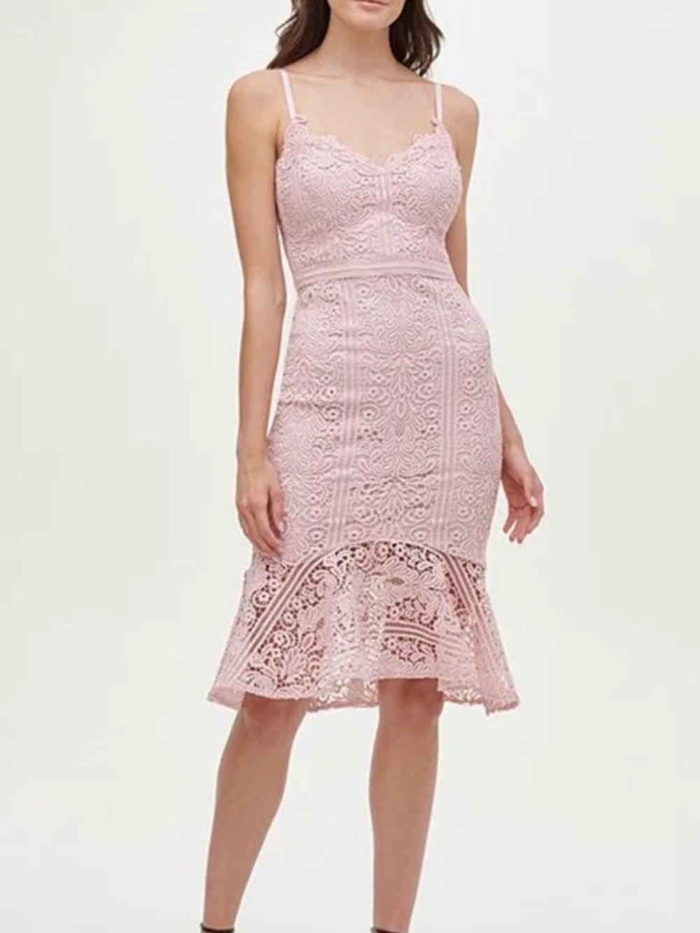 Guess Blush Pink Lace Midi Dress with Flared Hem